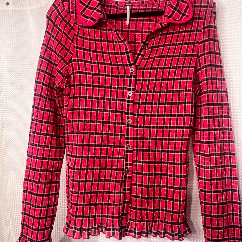 Free People Red and Black Plaid Ribbed Button-Up Top with Peter Pan colla NWOT